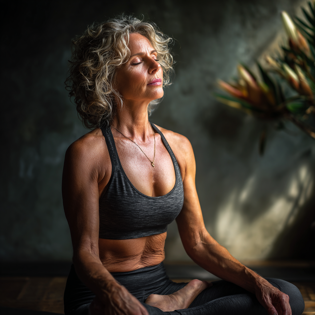 Smiling Ukrainian woman in her 40s practicing yoga outdoors in peaceful natural setting, demonstrating breathing technique with closed eyes and serene expression