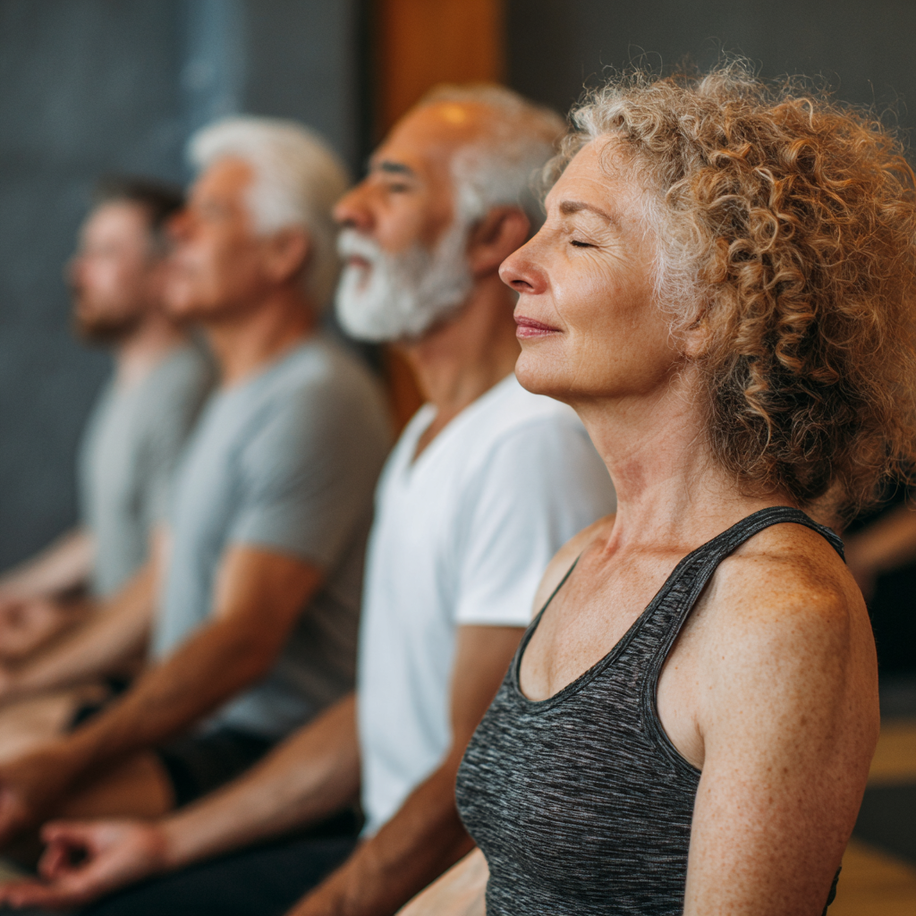 Peaceful Ukrainian man in his 50s sitting in meditation pose outdoors, surrounded by nature, showing deep concentration and inner calm