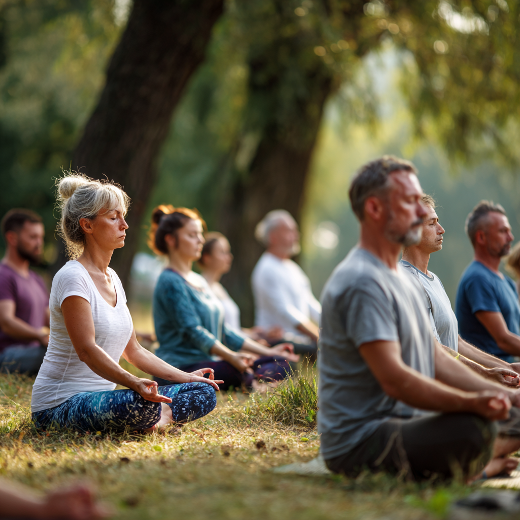 Group of Ukrainian adults of different ages practicing gentle yoga together in bright studio space, showing relaxed and peaceful expressions